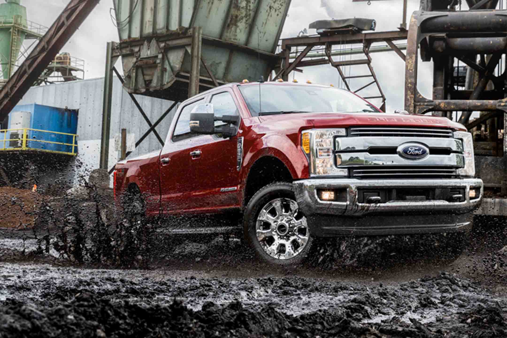 Ford Super Duty truck on a construction site driving through the mud